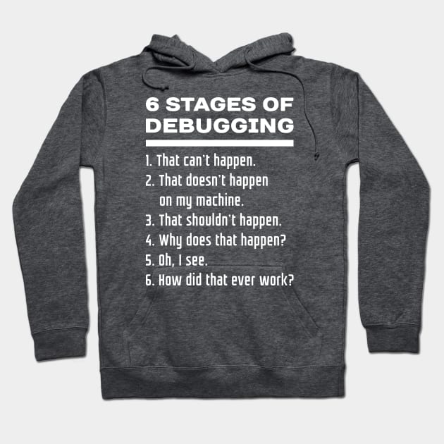 6 Stages of Debugging: White Text Design for Software Developers Hoodie by rg